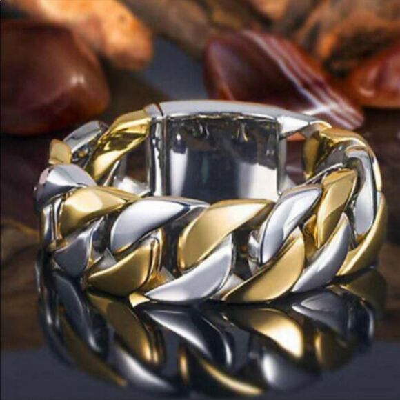 NEW Two Tone Gold Silver Cuban Link Ring